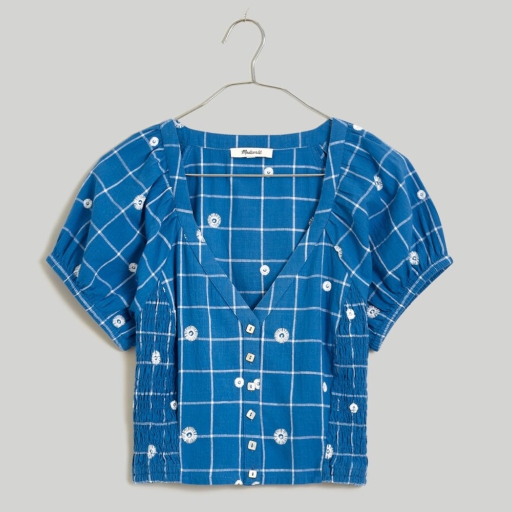 Madewell Embroidered Puff-Sleeve Crop Top in Windowpane